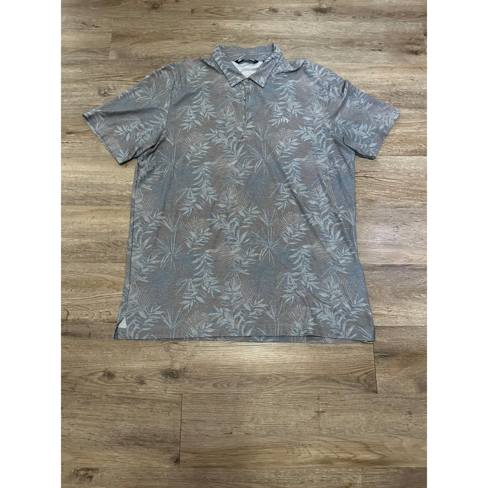 TravisMathew Mens XL Polo Shirt Gray Blue Tropical Palm Leaf Pima Cotton Blend‎